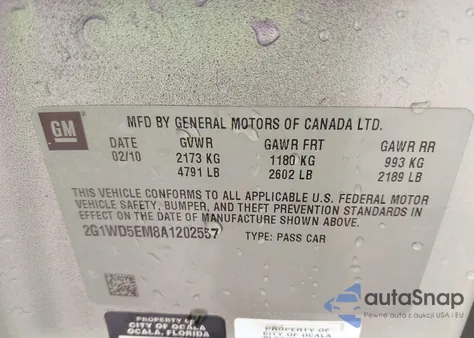 2010 Chevrolet Impala Police z USA, uszkodzony, nr VIN 2G1WD5EM8A1202557